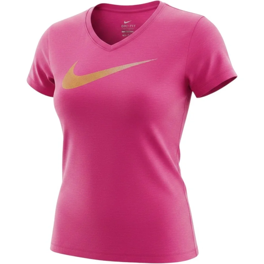 Nike Dri-FIT Womens Pink Gold Swoosh V-Neck Short Sleeve Training Shirt XL